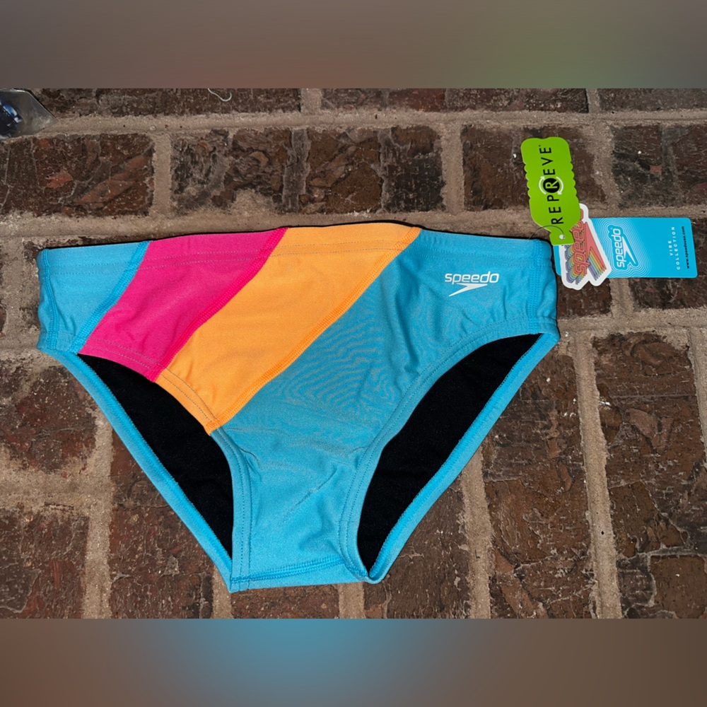 NWT Speedo Vibe Collection Swim Brief Pink Glo Blue Orange Men’s Size 32